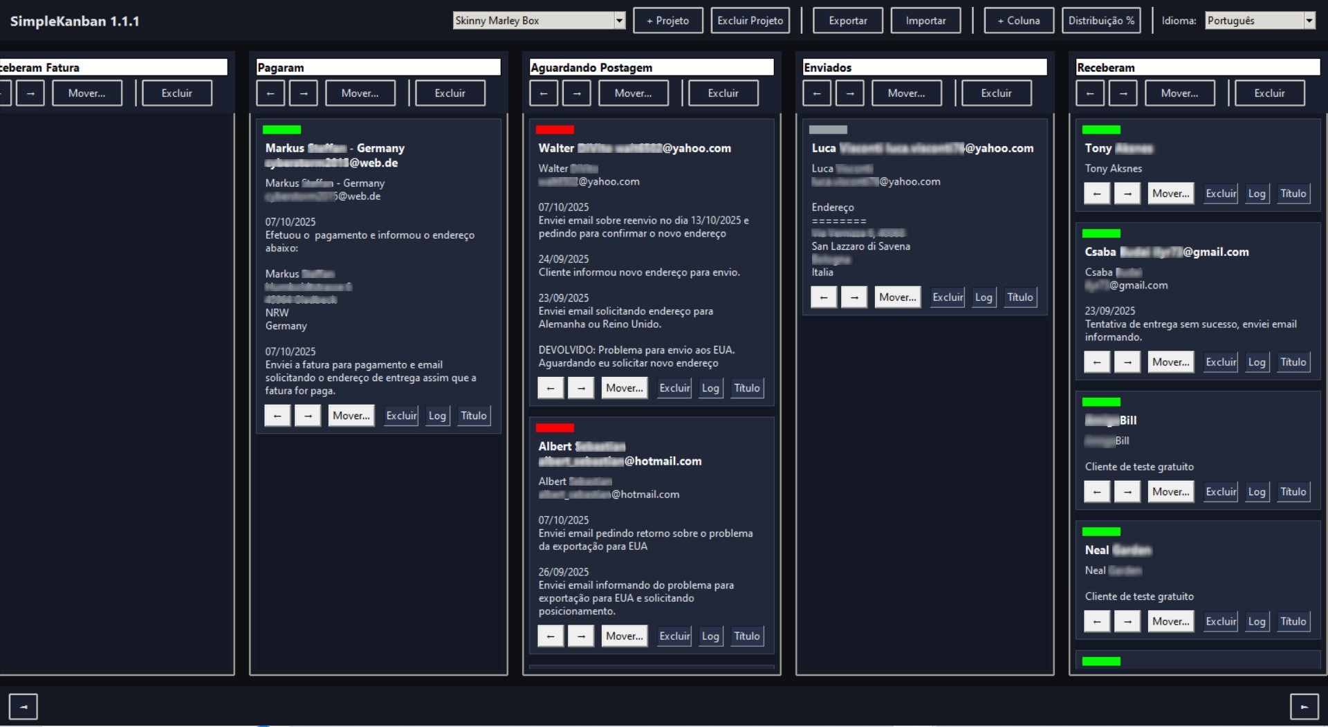 Interface do SimpleKanban mostrando colunas e cartões coloridos